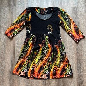 Reborn Black Dress with Orange & Green Paisley Swirls